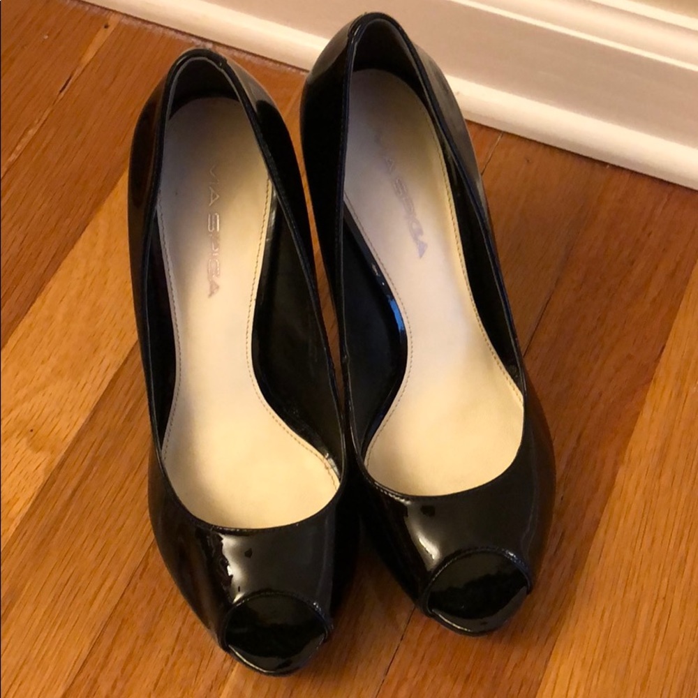 Via Spiga “Altessa” Black Patent Platform Heels